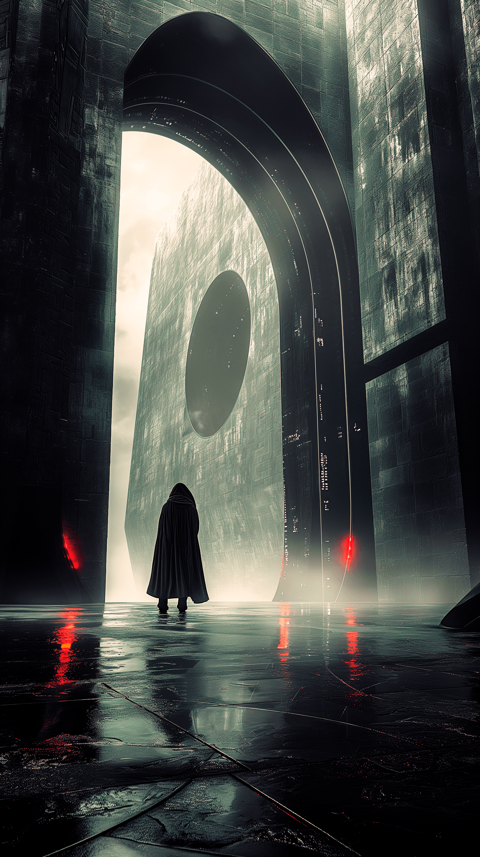 AI generated: photography, sci-fi design, perspective shot, moody ambiance, aligned lines, focusing on a figure wi...