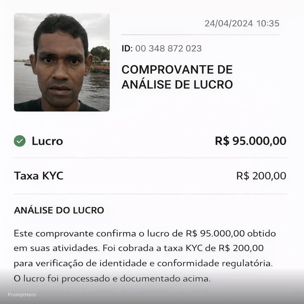 AI generated: Gere um comprovante utilizando a imagem que mostra o lucro de R$ 95.000,00 e uma taxa KYC de R$ 200,...