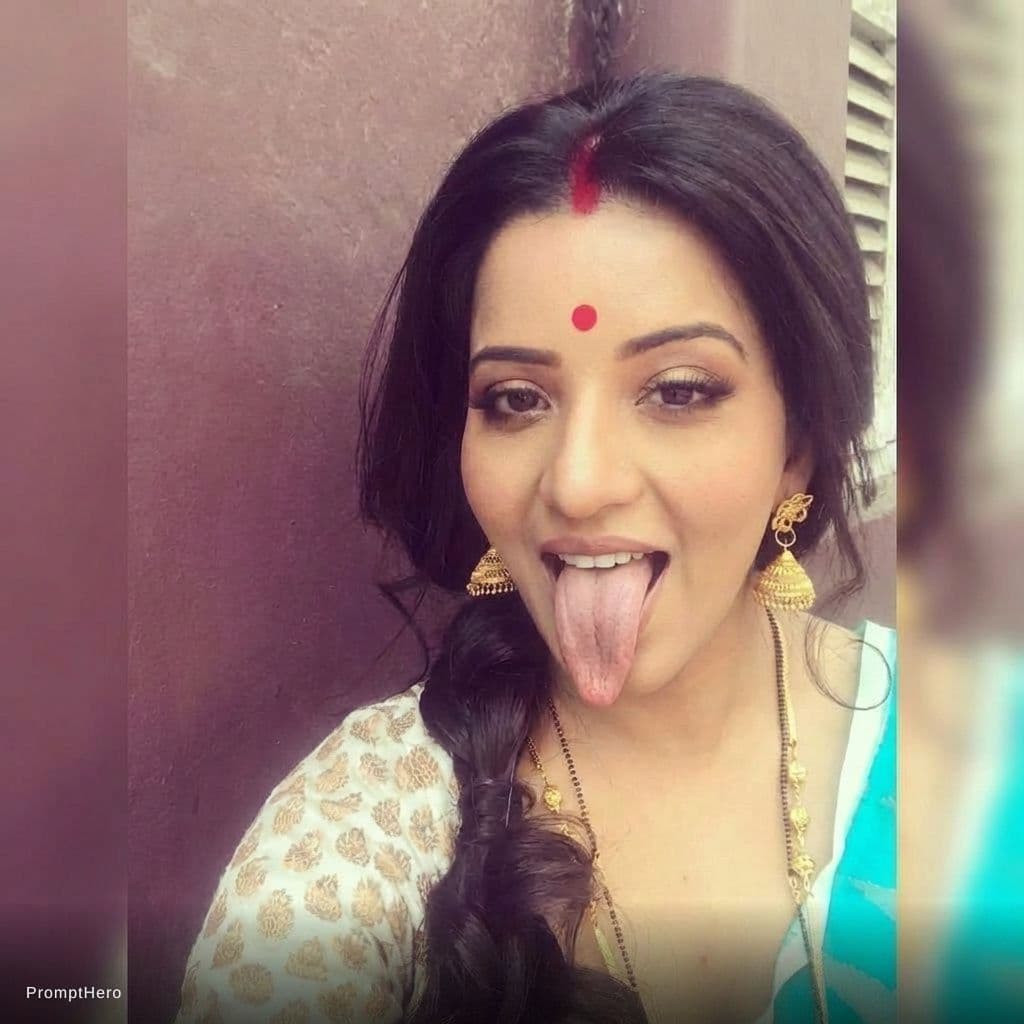 AI generated: Edit this by making her tongue out long realistic with visible teeth but maintaining the original im...