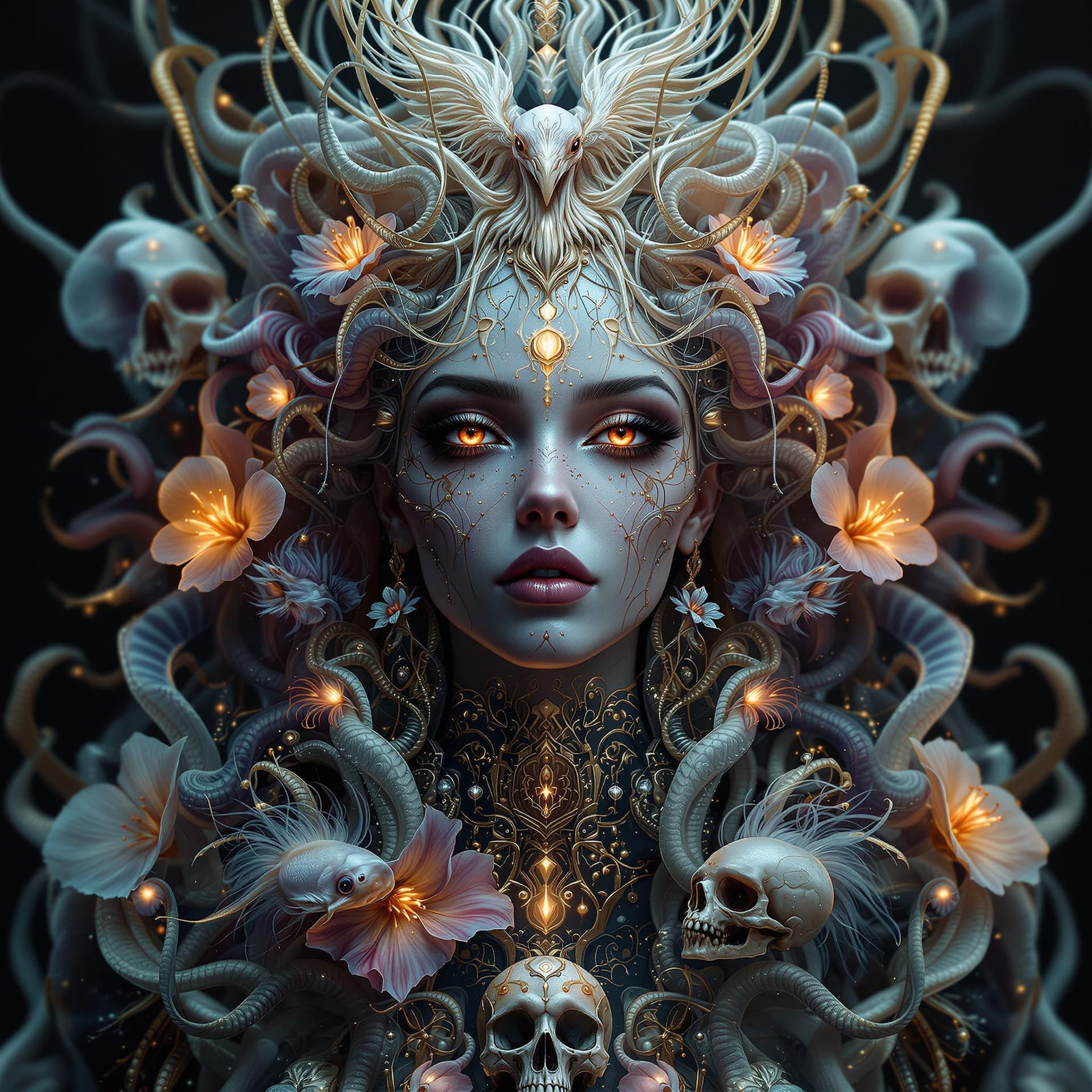 AI generated: Goddess close-up portrait ribcagel. jellyfish phoenix head, nautilus, orchid, skull, betta fish, bio...