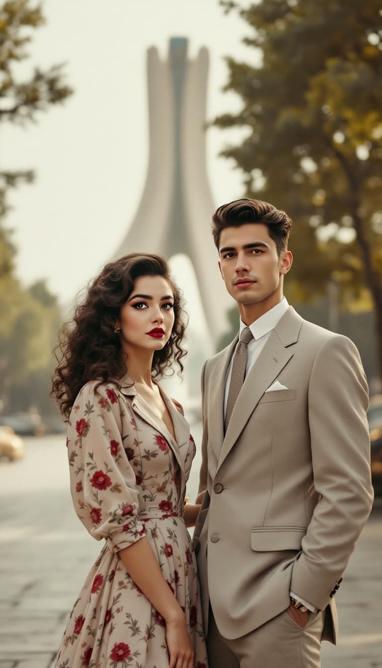 AI generated: The young couple from the 1950s stands in the heart of Tehran, with the iconic Azadi Square (formerl...