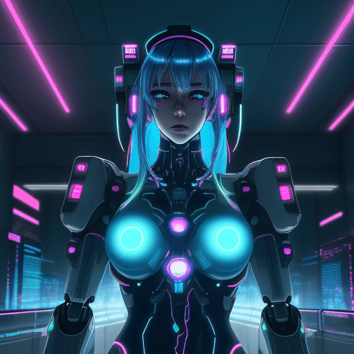AI generated: A cyberpunk anime illustration of a robot nurse in a futuristic hospital, neon lights reflecting off...