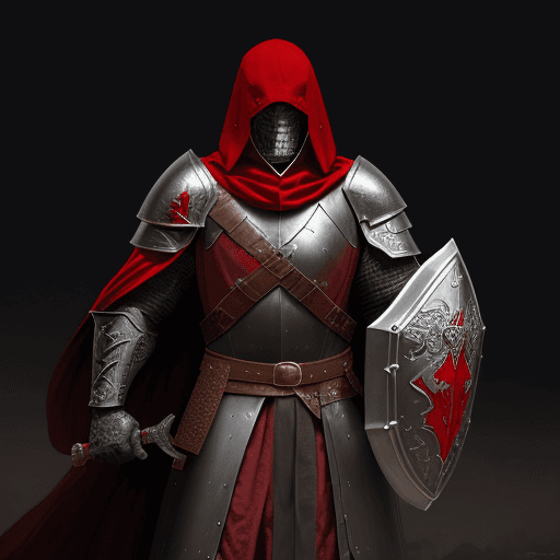 AI generated:  man cleric from the Middle Ages, with face covered by shade of dark-red hood, in scaled armour and ...
