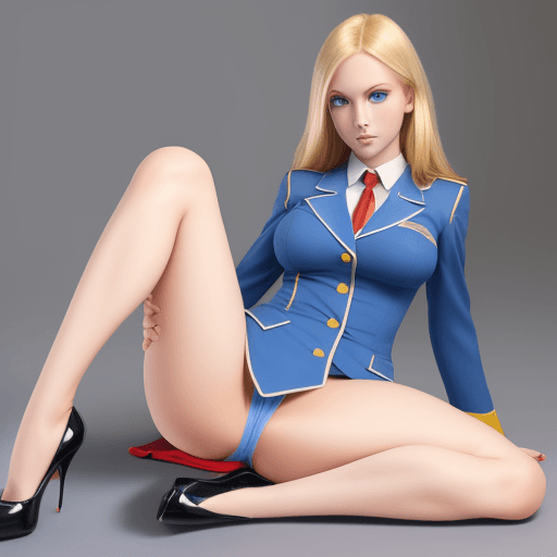 AI generated: girl blondie blue eyes body curved uniform school long legs curved high heels red