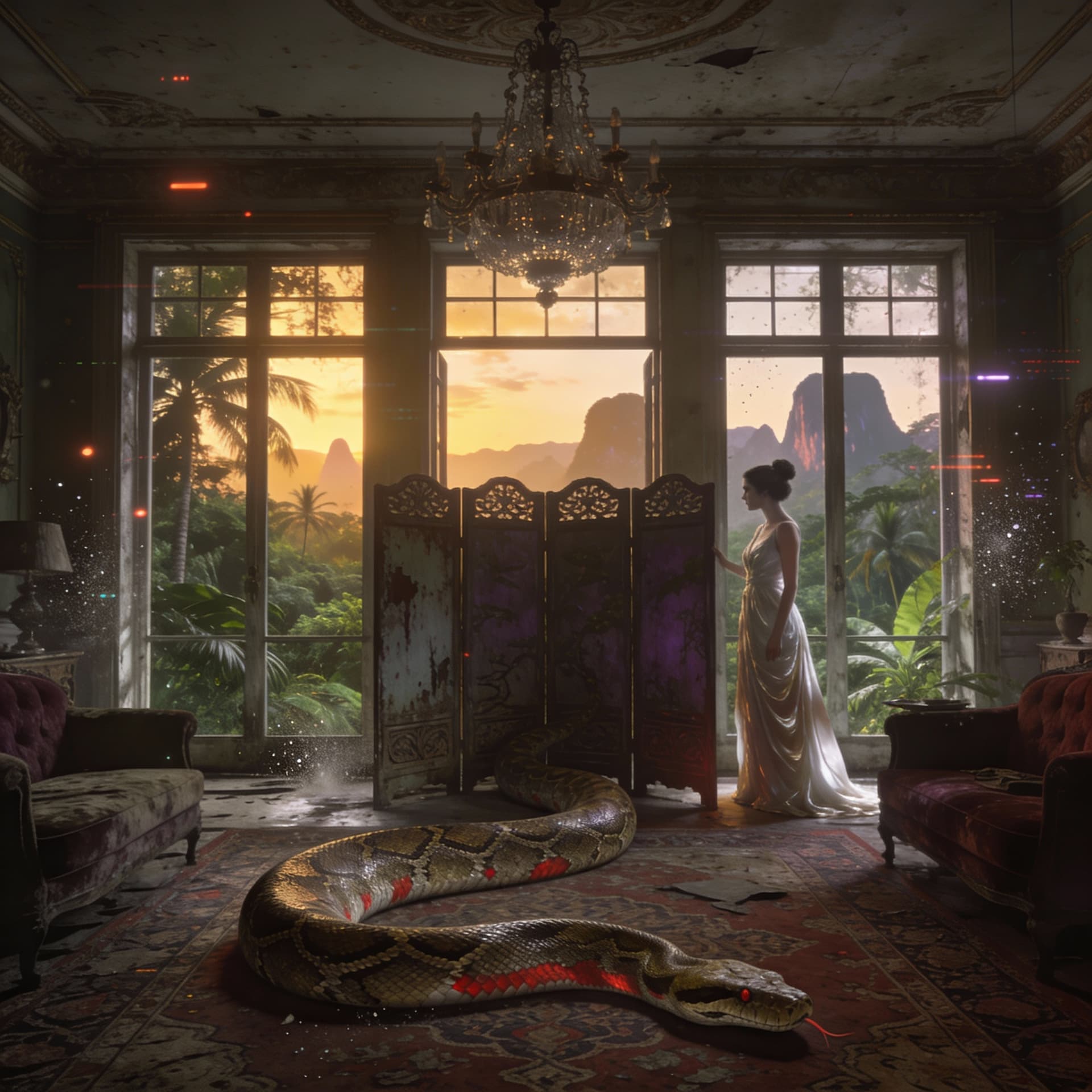 AI generated: Create a beautiful cinematic scene in a stunning Edwardian Drawing-room. The large French windows lo...