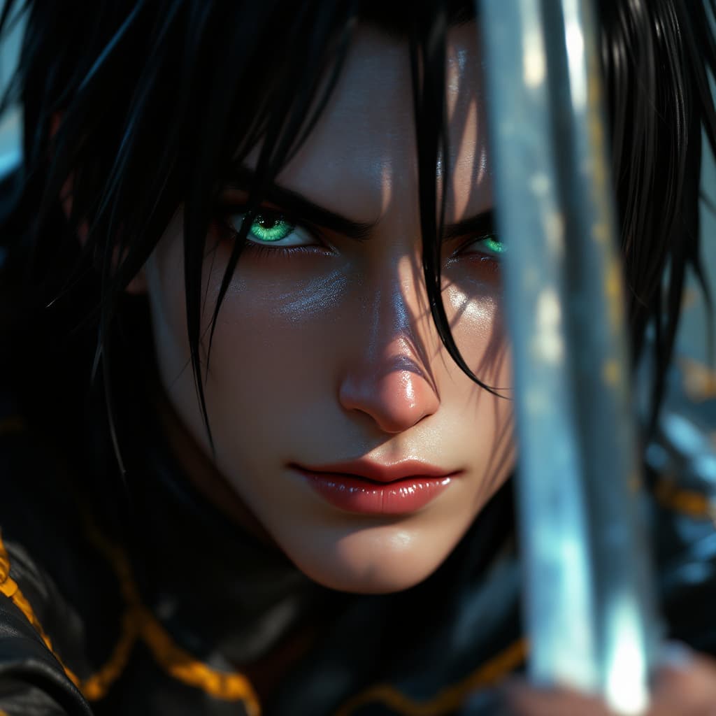 AI generated: a close up of a person with a sword, 3 d render official art, snk, male rogue, aliased, straight bla...