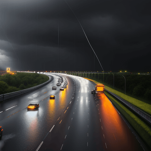 AI generated: Traffick on a highway in the Netherlands with extreme heavy showers
