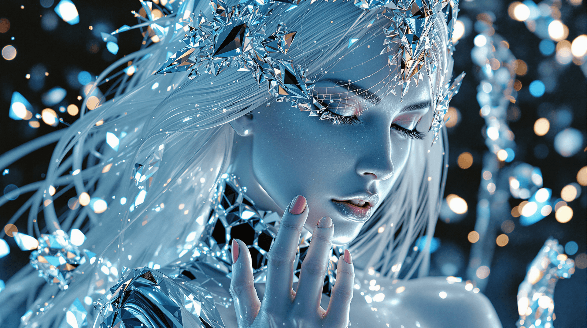 AI generated: white woman frozen ice, frost, dark sexy female , sexy model dancer, chrome ice , fashion perfection...