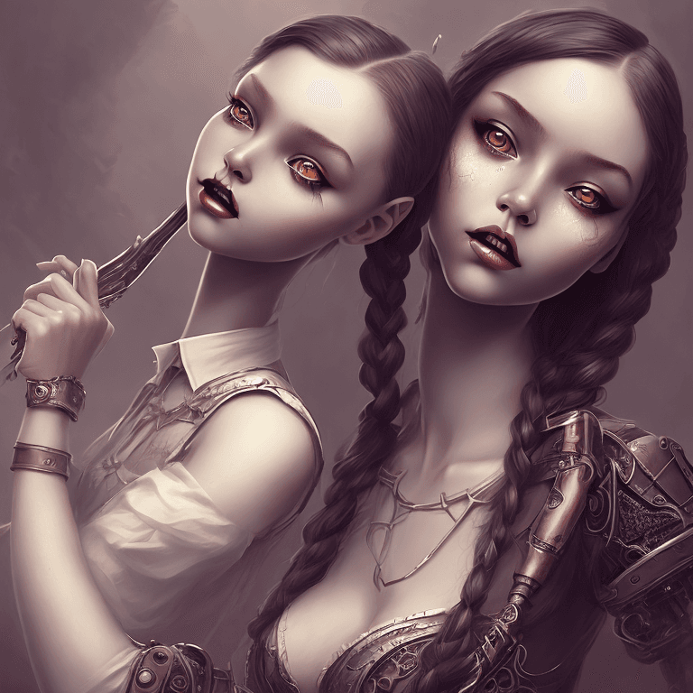 AI generated: mdjrny-v4 style, a (beautiful:1.2) steampunk woman, detailed face, realistic, wednesday addams, Jenn...