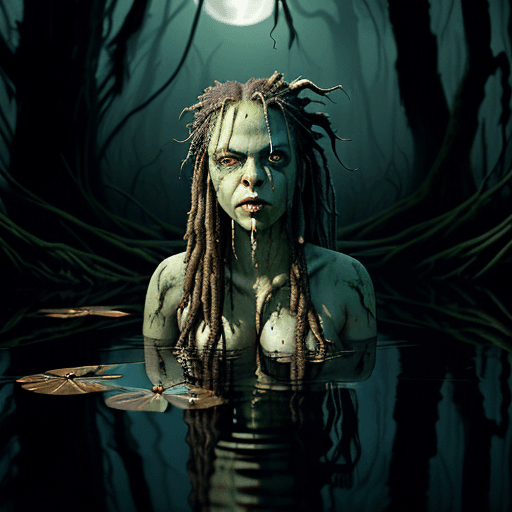 AI generated: Bullfrog lady bubble below her chin, long tail, body waste deep, four arms, one eye is missing, long...