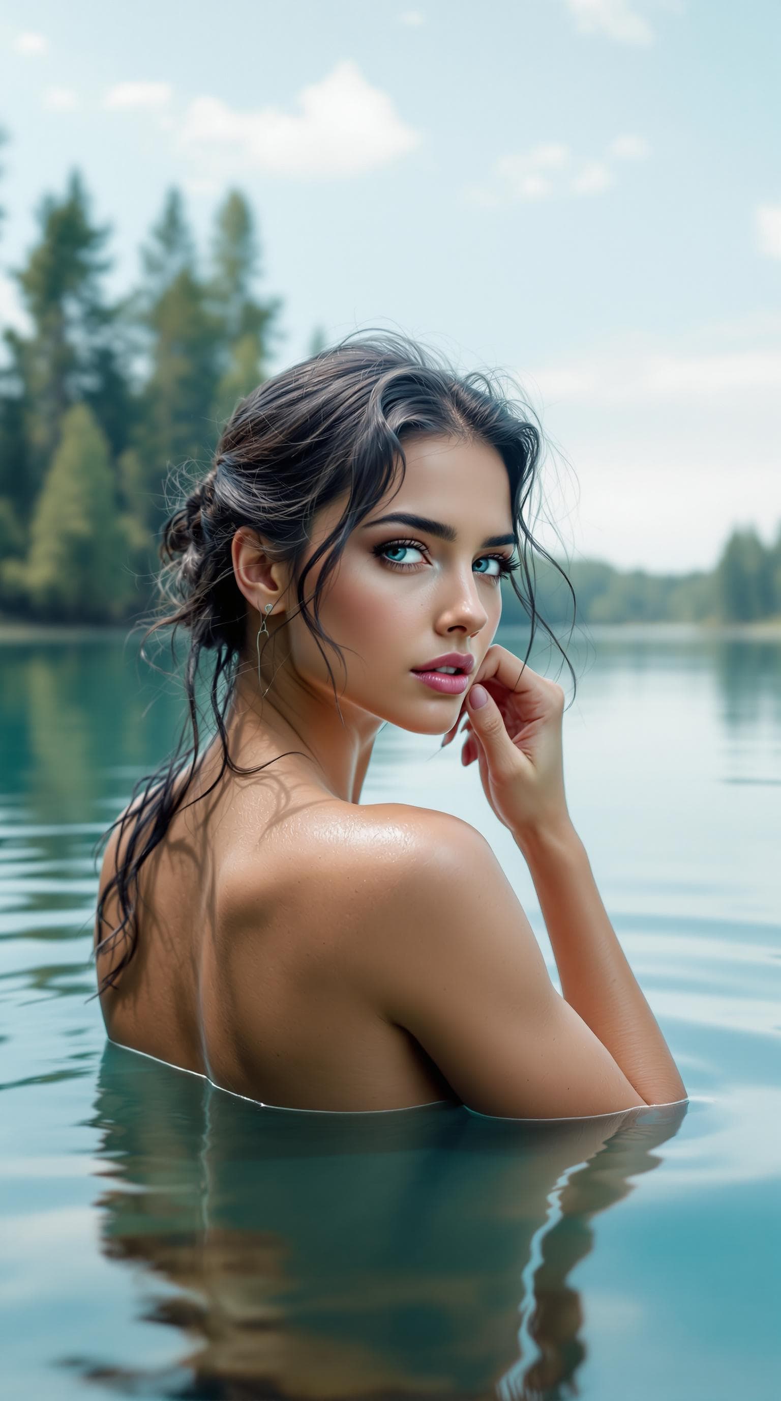 AI generated: A woman stands in a serene lake, her back to the viewer, looking over her shoulder with light blue e...