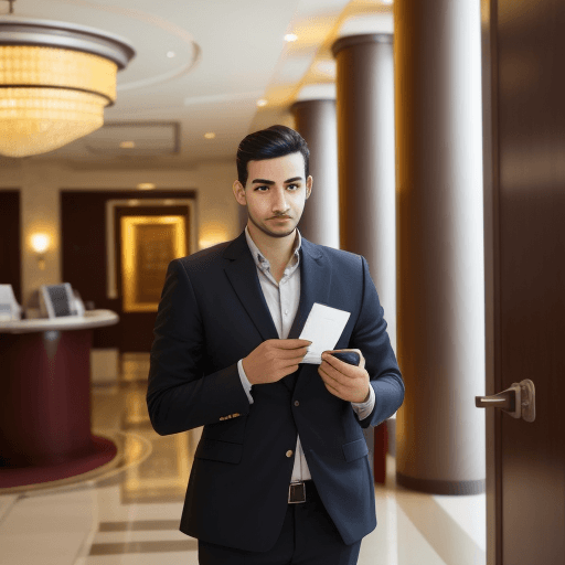 AI generated: A picture of a hotel guest holding a passport in his hand at the hotel reception