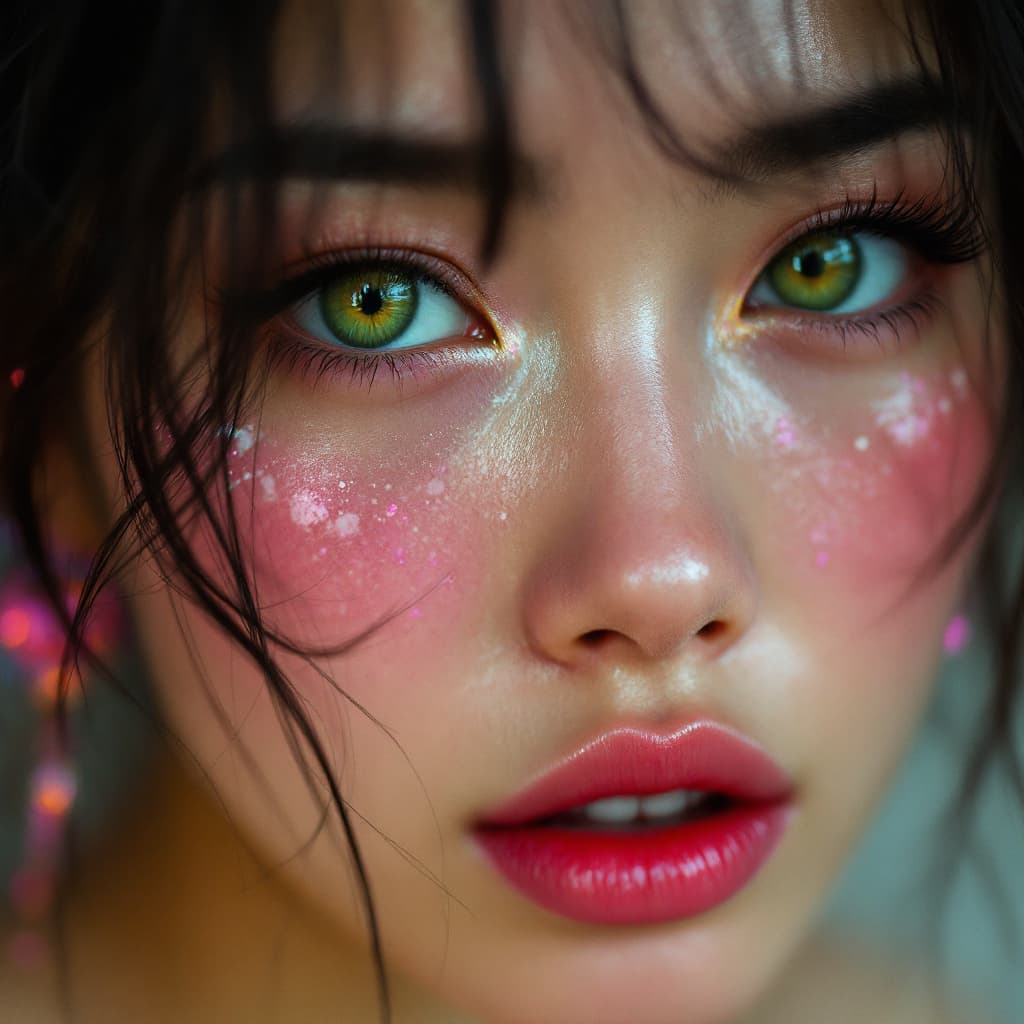 AI generated: an Asian woman with green eyes, in the style of light amber and pink, blurred imagery, shiny/glossy,...