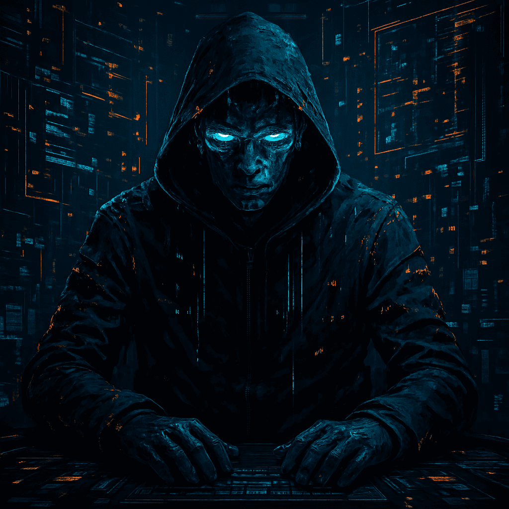 AI generated: A futuristic hacker with glowing neon eyes, wearing a dark cyberpunk hood, surrounded by holographic...