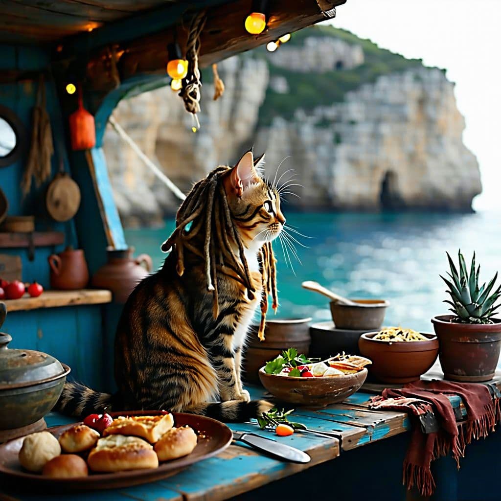 AI generated: imagine a hippie cat with dreadlocks sitting in a fishing boat, Matala beach in the background and t...