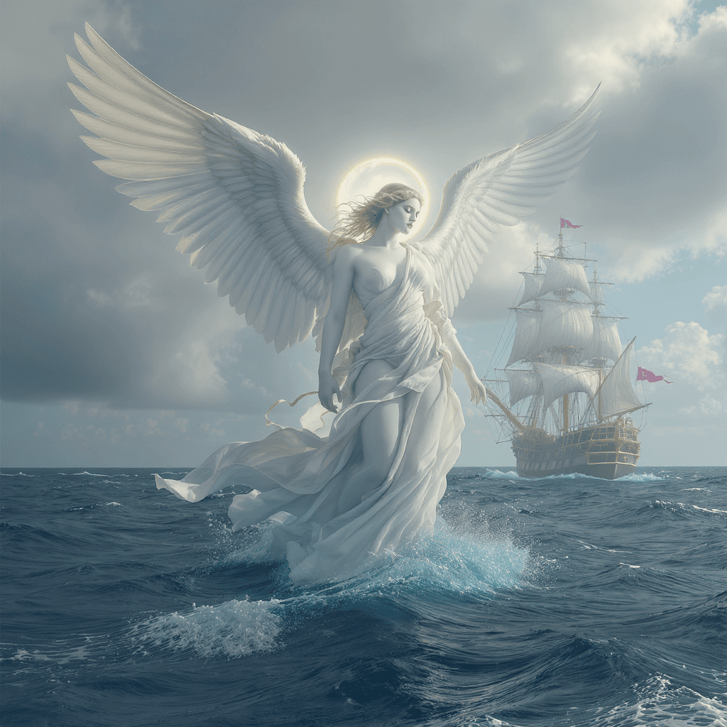 AI generated: Angel of the sea with a pirate ship in the background