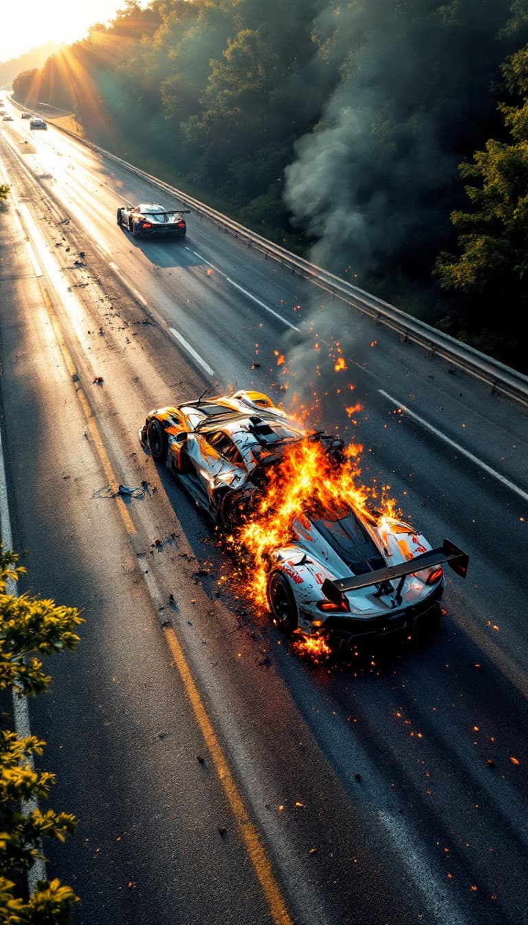 AI generated: Summer.      ACCIDENT on the highway! 2 racing cars collided. Small wrecks of cars on the highway. N...