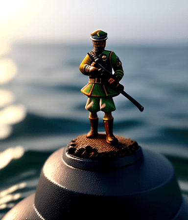AI generated: macro lens, soldier miniature, stands on the shore, against the background of a warship, burns, sink...