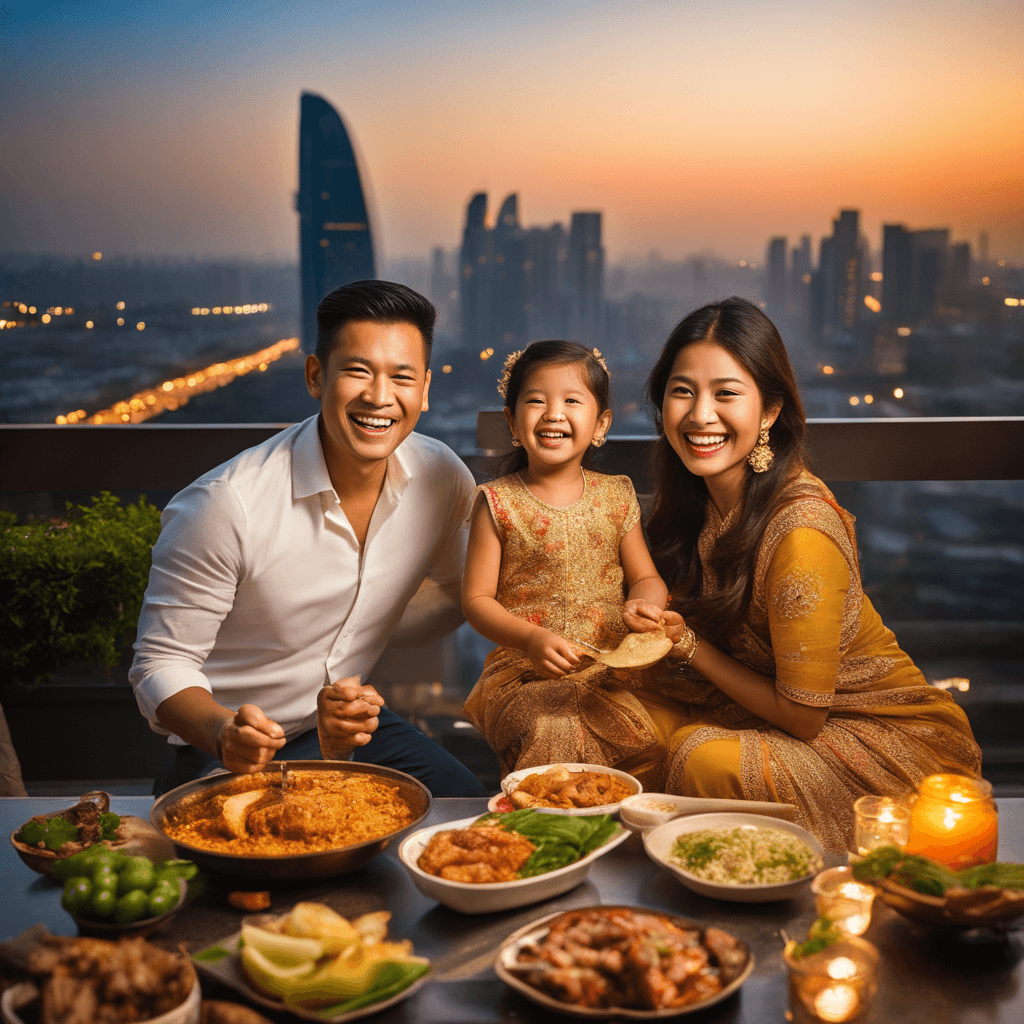 AI generated: A modern asian family enjoying outdoor barbeque on terrace, terrace of a skyscraper, modern city, {b...