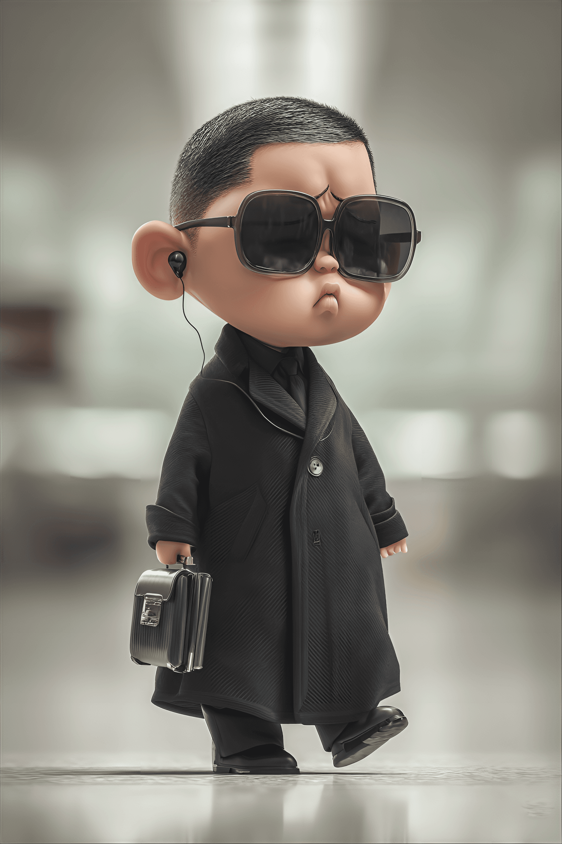AI generated: funny caricature, tiny secret agent character, male, 2 years old, serious, determined, miniature, ex...