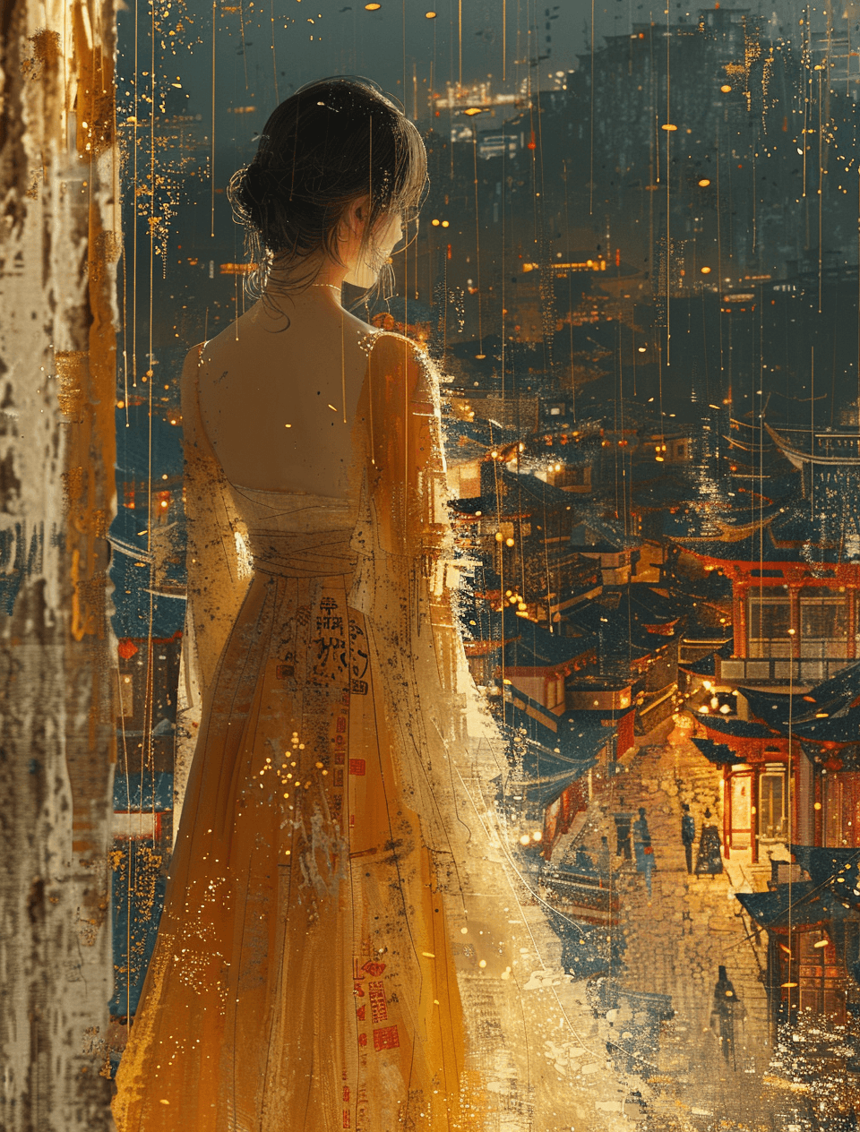 AI generated: a woman in gold and white dress standing in the street, in the style of light gold and light amber, ...