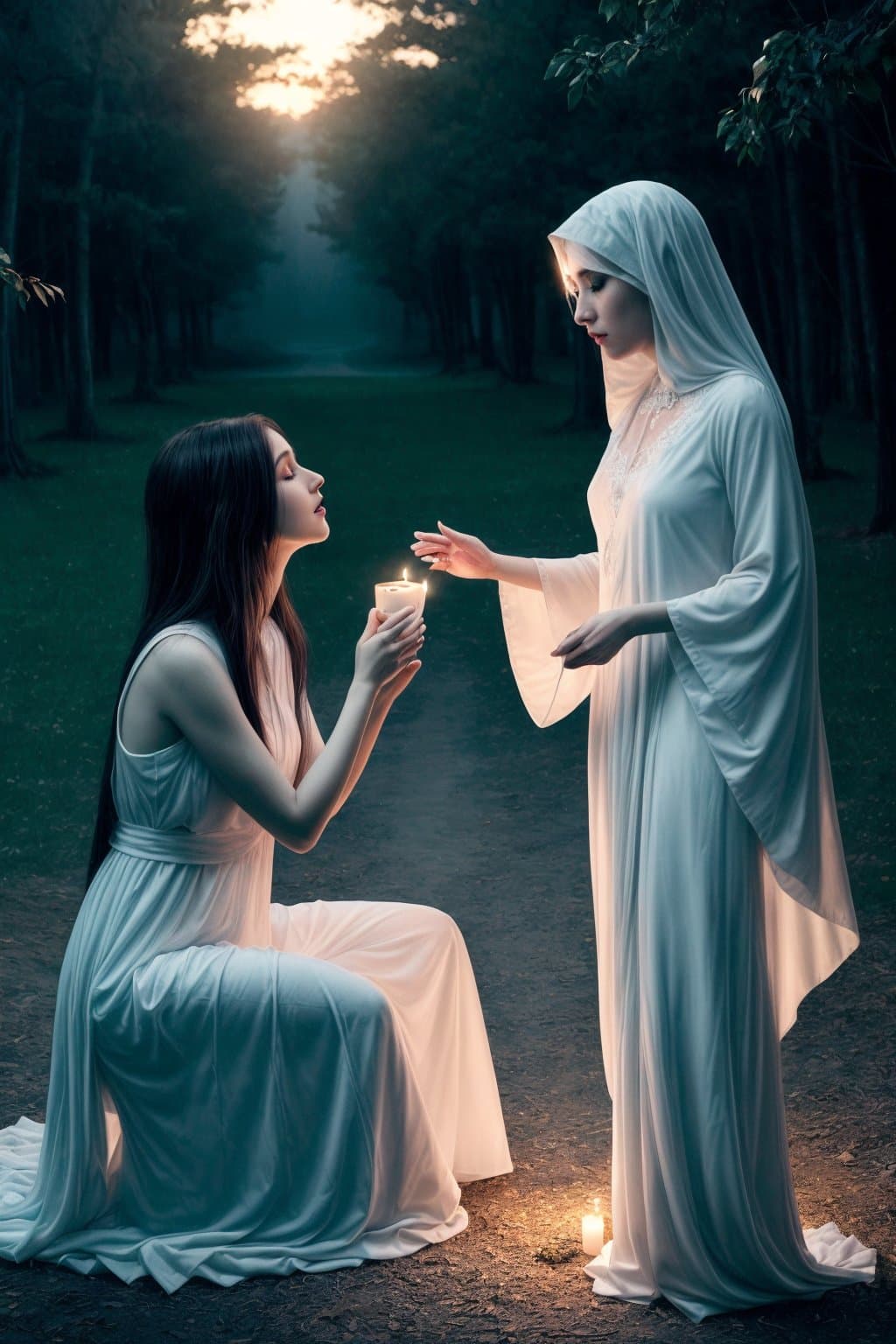 AI generated: ghost, (spirit of evening:1.2), (talking to a girl:1.2), soul coming out of body, after-life, bright...