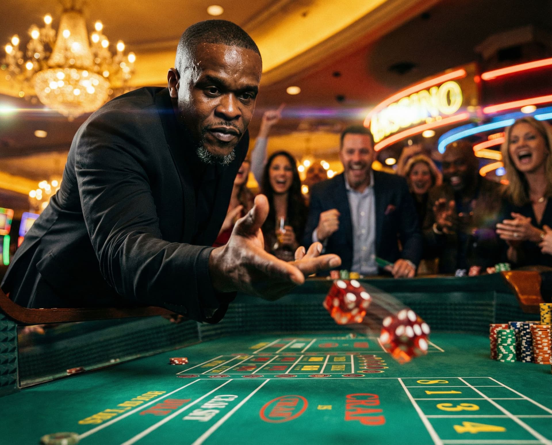 AI generated: A hyper-realistic, cinematic scene set inside a legendary Las Vegas casino at night. A confident Bla...