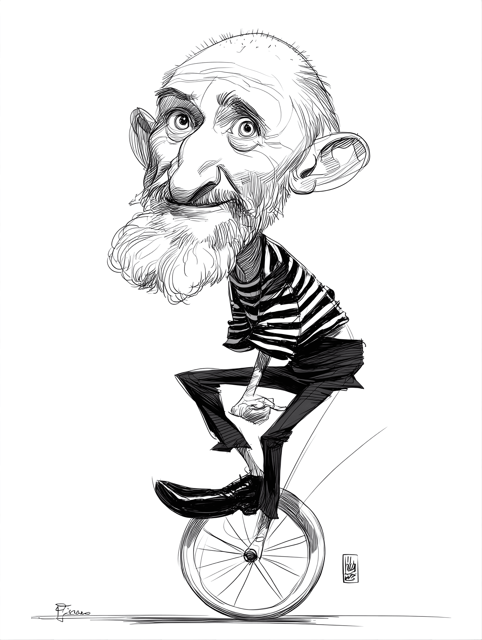 AI generated: funny caricature, acrobatic mime caricature, middle-aged caucasian male, 50 years old, slim build, l...