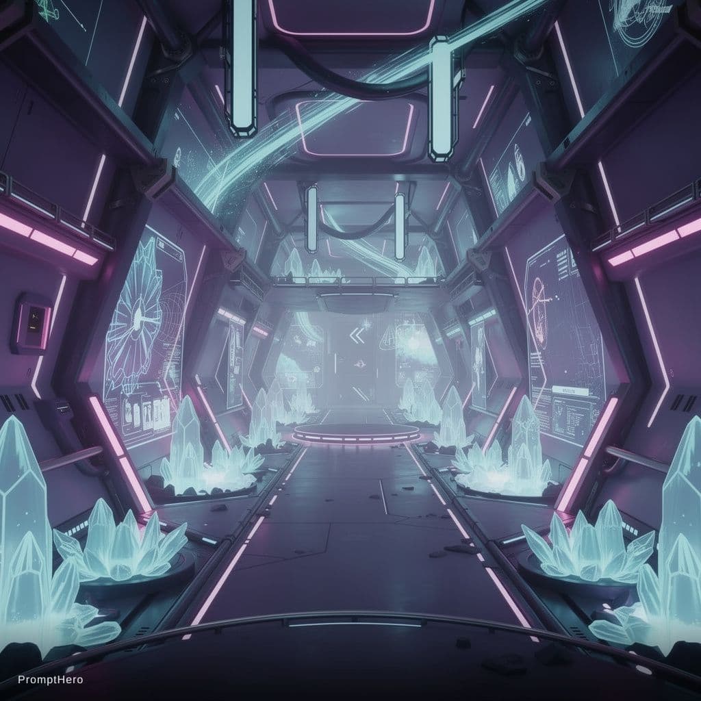 AI generated: digital mine corridor becoming more technological, navy to purple gradient walls, 
brighter cyan cry...