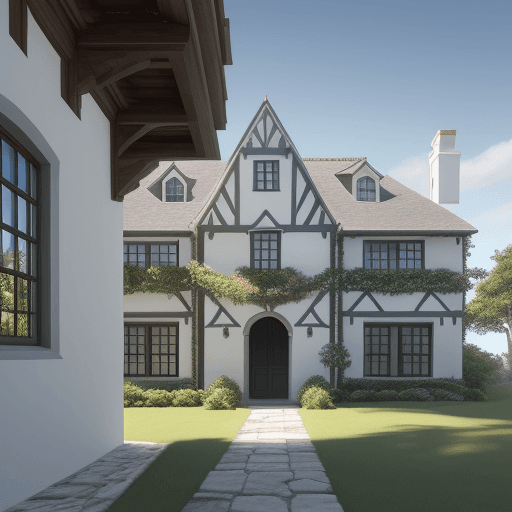 AI generated: Hyper realistic eye level exterior photo of a 16th century style house overlooking the ocean, daylig...