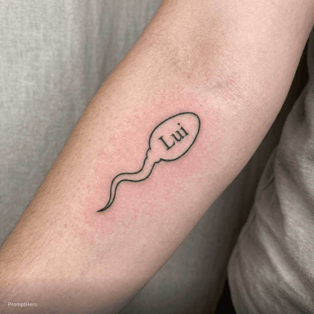 AI generated: Tattoo for woman of a sperm outline with the word " Lui " in it