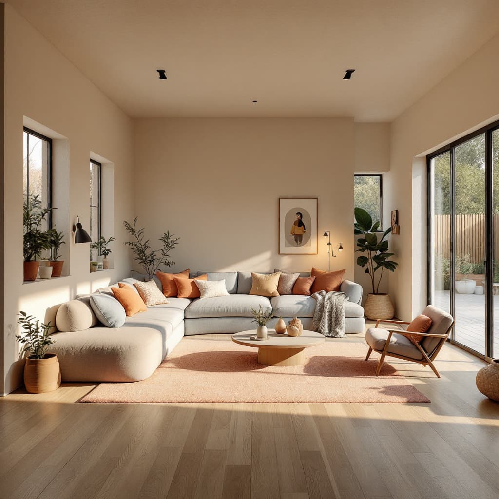 AI generated: High resolution photography interior design, dreamy sunken living room conversation pit, wooden floo...