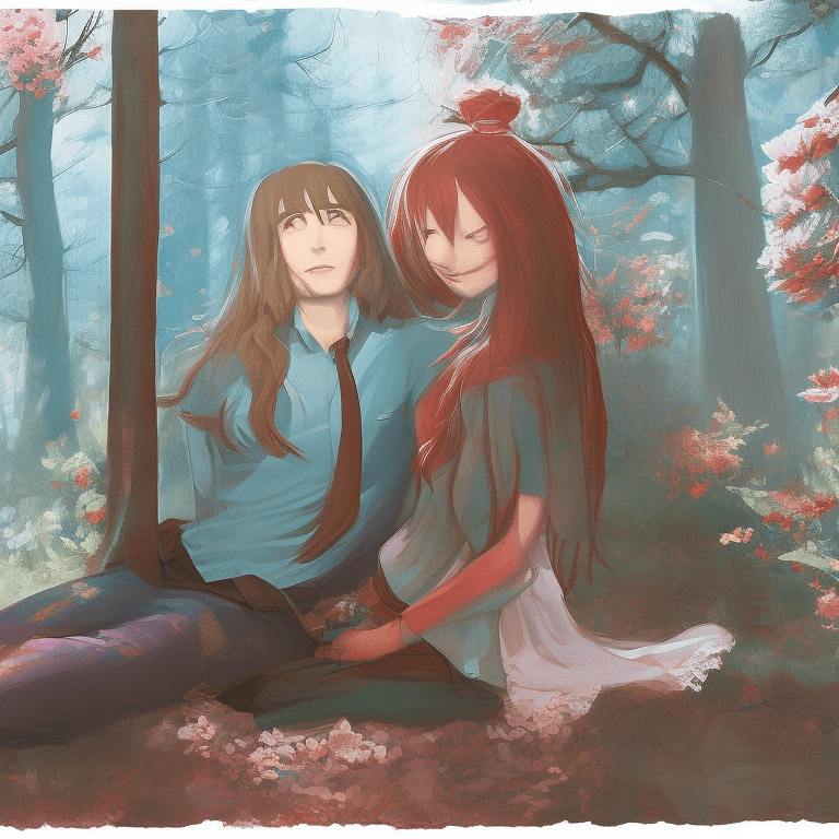 AI generated: a fat boy and a girl sitting together and hugging in a forest. girl has long bright flowing red hair...