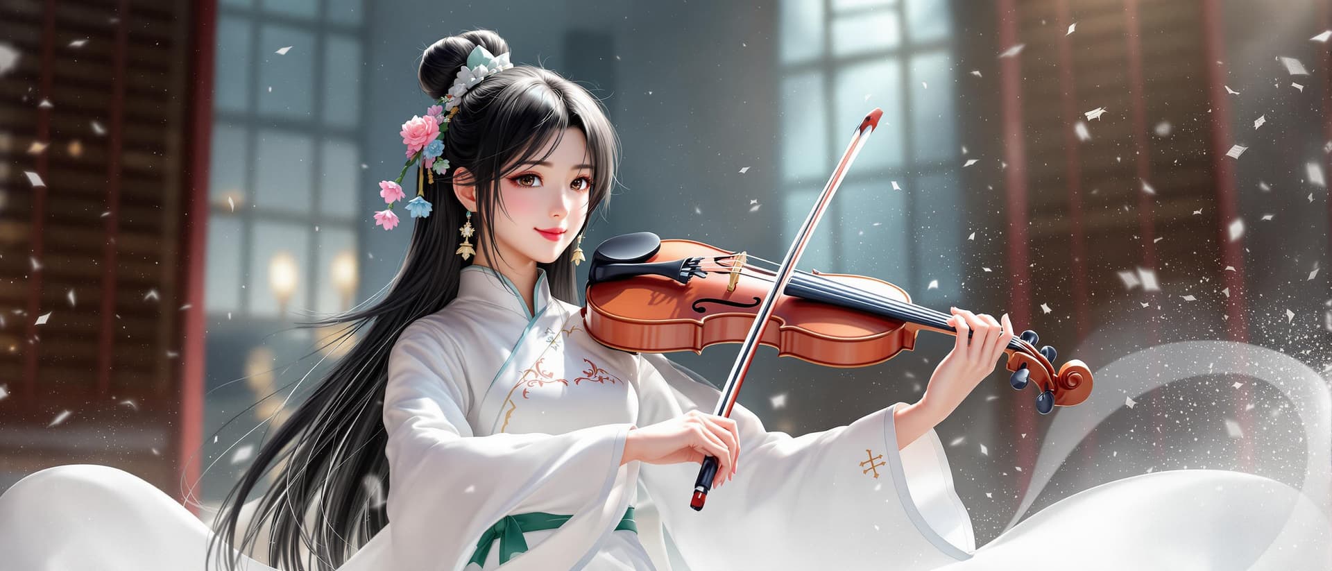 AI generated: Illustrated by an Asian youth, a music teacher wearing a white dress with a green belt and long hair...