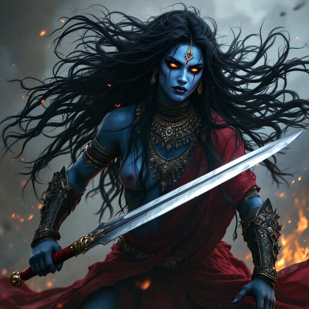 AI generated: Kali is shown with her 4 hands  muscular body blue in color. She is wearning ornaments, red sari in ...