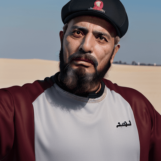 AI generated: High resolution photography Arab man, 50 years old, thin build, red beard, no mustache, black baseba...