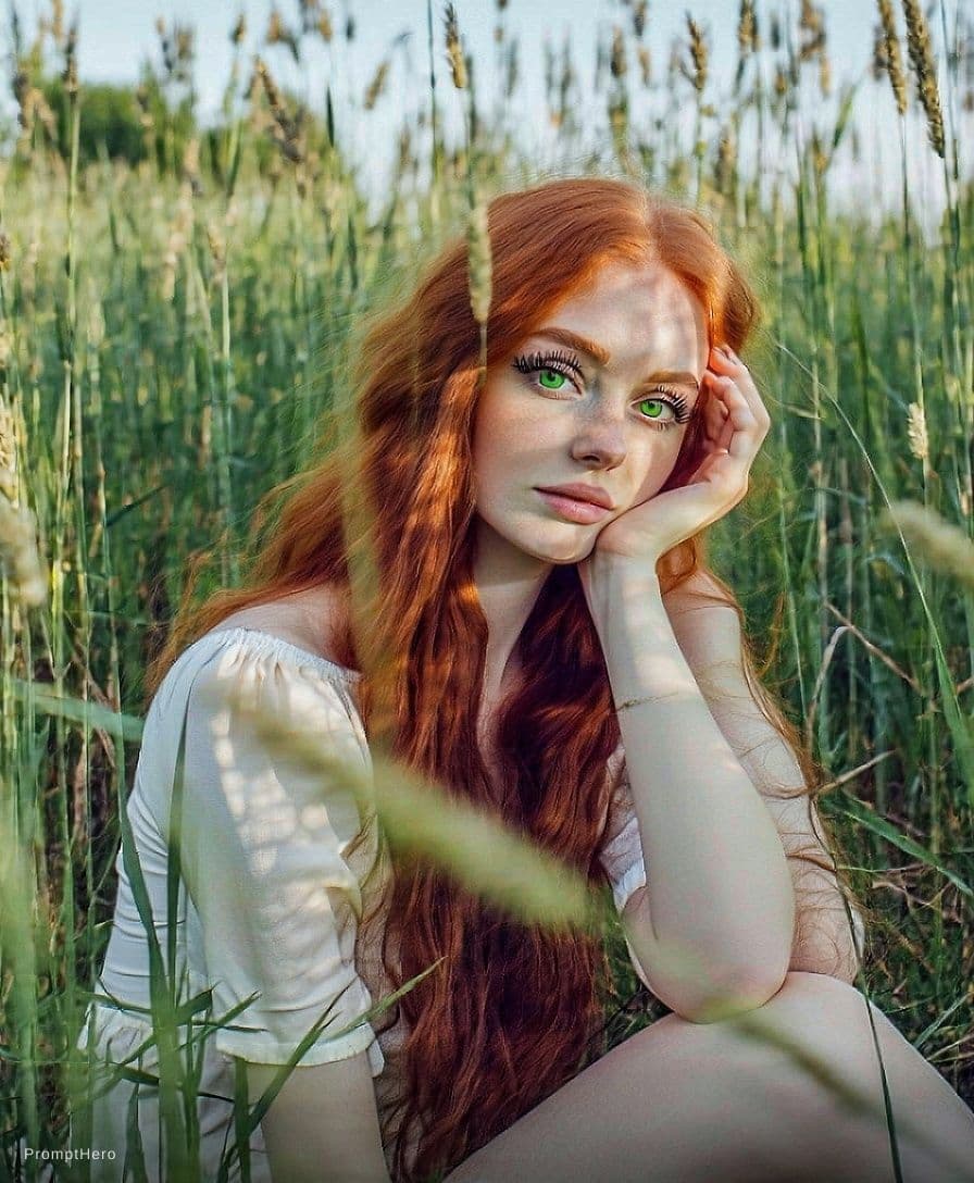 AI generated: A photorealistic portrait of a woman with vibrant, fiery red, wavy hair, seated in a field of tall g...