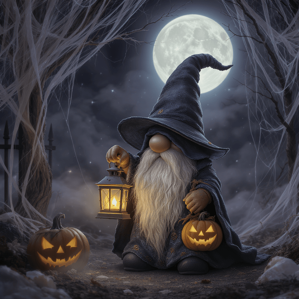 AI generated: "A spooky yet cute garden gnome wearing a witch hat and a dark cloak, holding a lantern shaped like ...