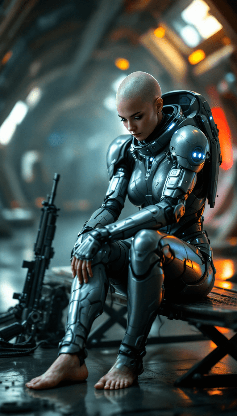 AI generated: Full-body view of a stunning, photorealistic image of a sci-fi warrior, clad in a sleek, high-tech s...