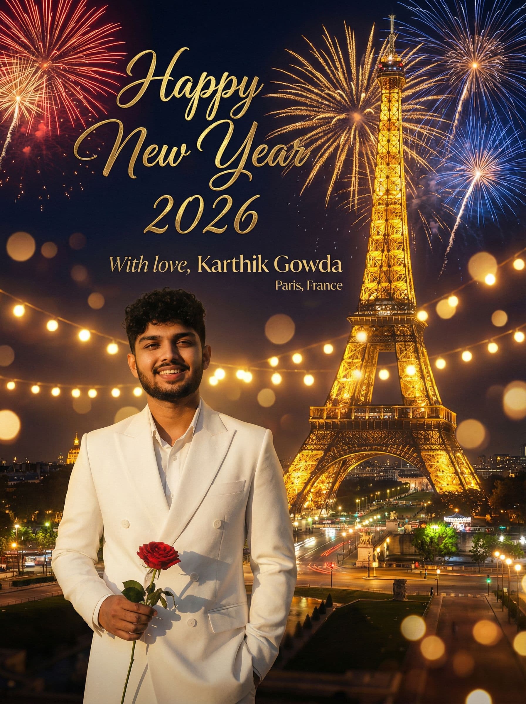 AI generated: “A beautiful New Year greeting card scene set in Paris, with the Eiffel Tower prominently in the bac...