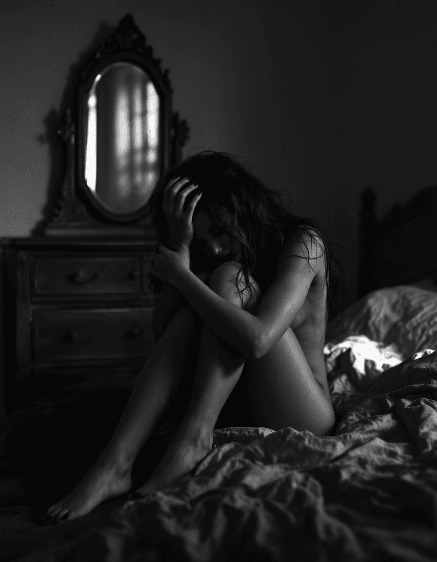 AI generated: A black-and-white artwork capturing the essence of loneliness, depicting a woman seated on a bed in ...