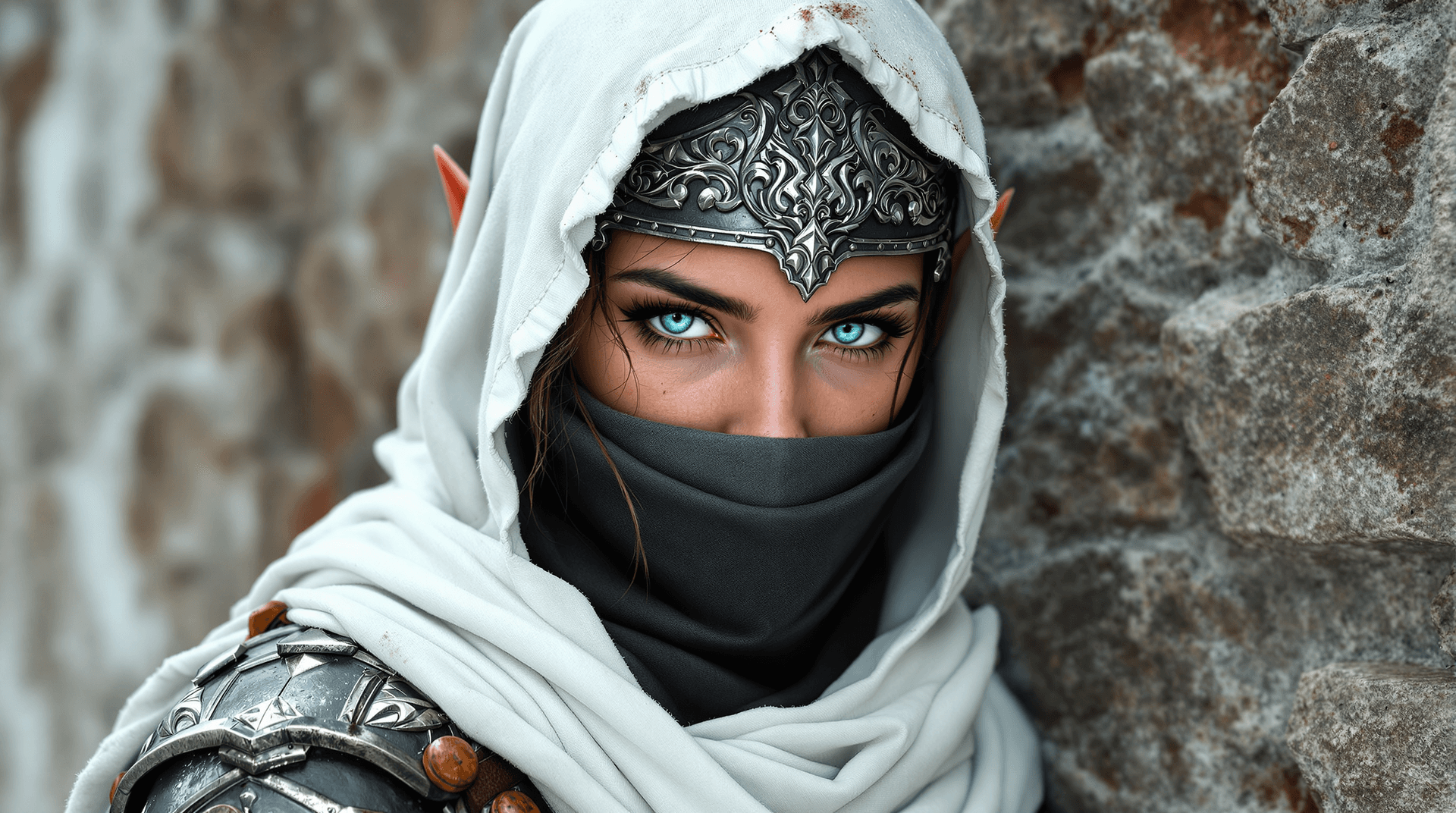 AI generated: female warrior, young adult, likely Middle Eastern, wearing intricate, dark-gray metal armor with br...