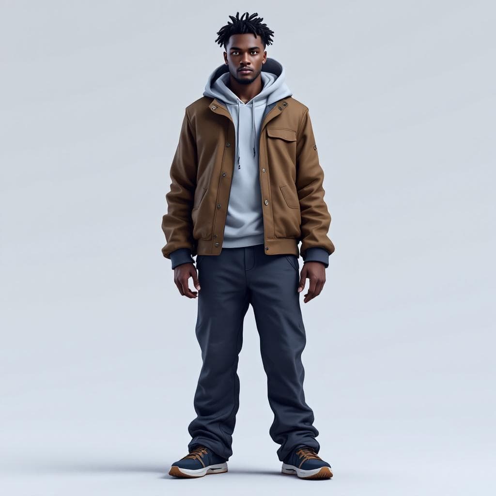 AI generated: create a black man 2d with a nice random main color hooded 
jacket, a nice pants.create a gray male...