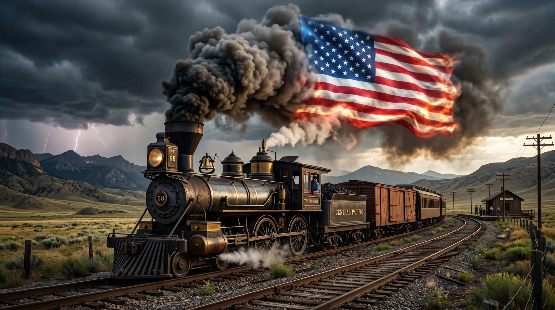 AI generated: An extremely detailed, high-resolution, realistic, cinematic photograph of an 1880s, black steam loc...