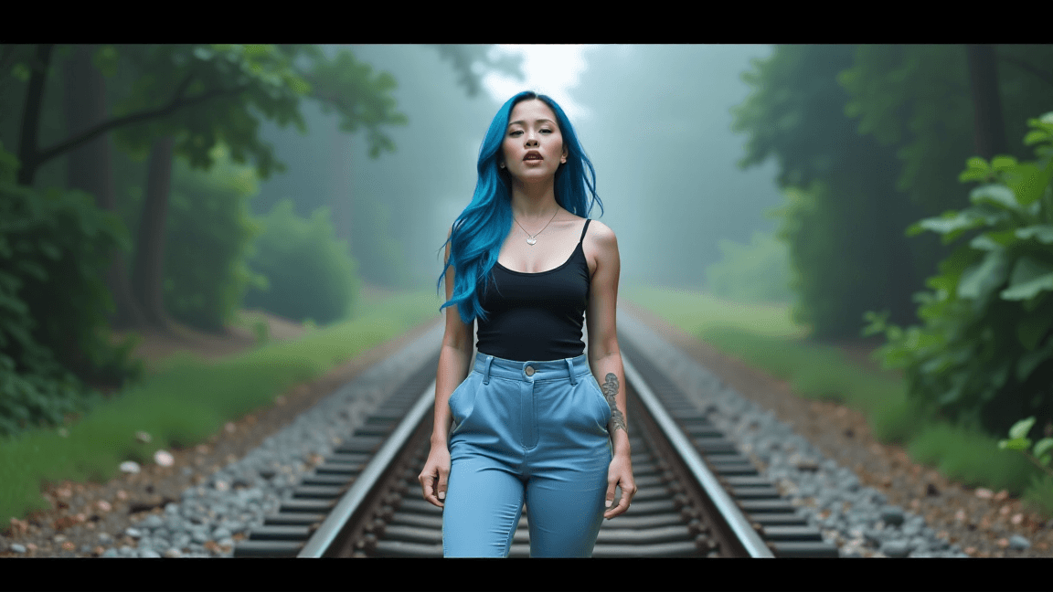 AI generated: Full body shot of the woman singing, standing on an old, unused railway track that disappears into a...