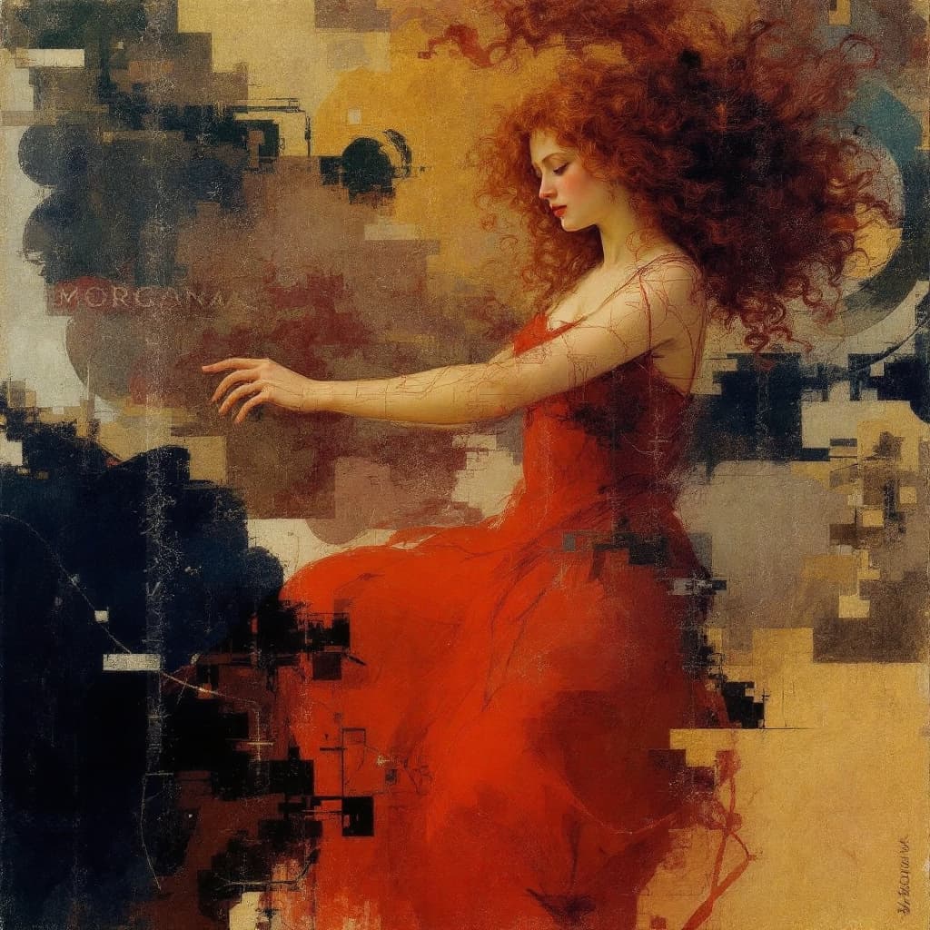 AI generated: Pre-Raphaelite painting of a red-haired woman, curly hair wearing a red dress, in the style of Arthu...