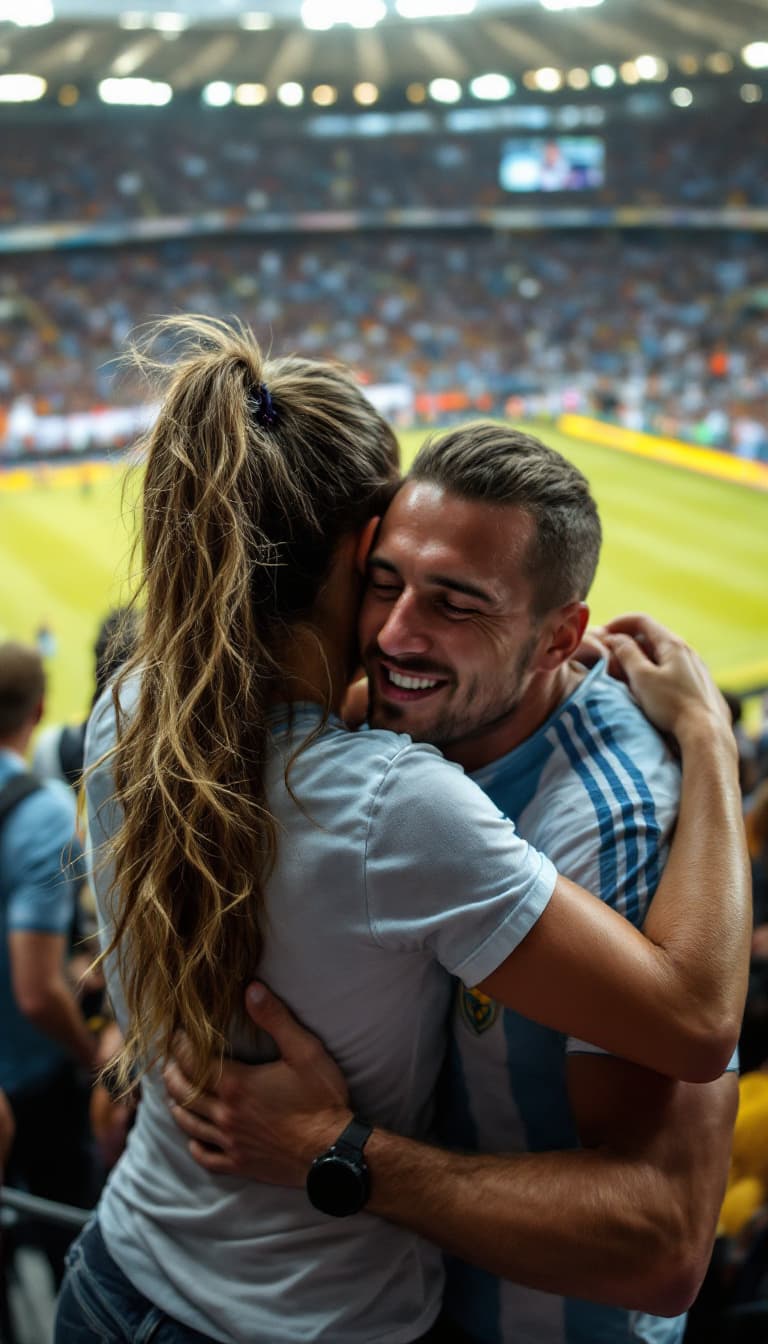 AI generated: woman argentine luisana lopilato, , model, ponytail hair, surrounded by men in a stadium tribune cel...