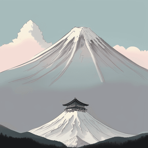AI generated: usar el fondo de este dibujo, con el monte fuji de color blanco y abajo muchas pagodas con gente  ko...