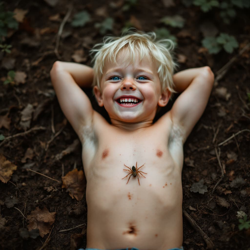 AI generated: A image of a blond little boy on forest ground with Blue eyes shirtless, laughing, laying on back, h...