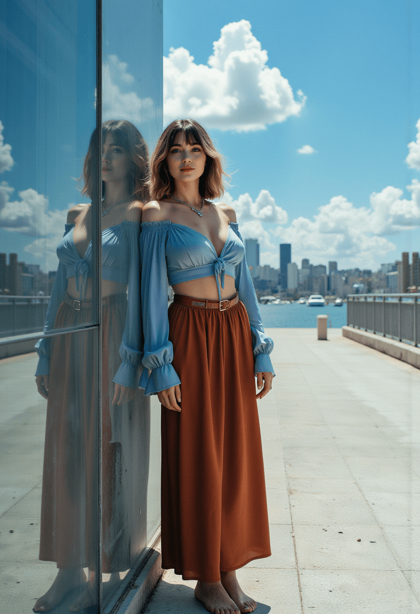 AI generated: Standing in a futuristic cityscape on a sunny day with clear blue skies and fluffy white clouds, a w...